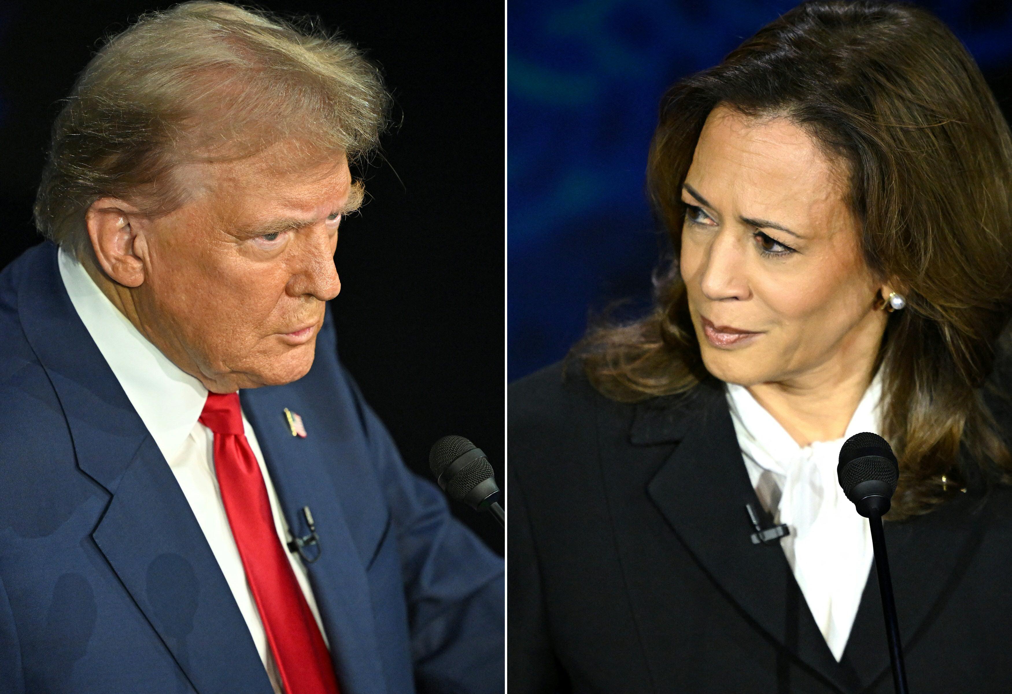 (COMBO) This combination of pictures created on September 10, 2024 shows former US President and Republican presidential candidate Donald Trump (L) and US Vice President and Democratic presidential candidate Kamala Harris  participating in a presidential debate at the National Constitution Center in Philadelphia, Pennsylvania, on September 10, 2024. 

US Vice President and Democratic presidential candidate Kamala Harris speaks during a presidential debate with former US President and Republican presidential candidate Donald Trump at the National Constitution Center in Philadelphia, Pennsylvania, on September 10, 2024. (Photo by SAUL LOEB / AFP)