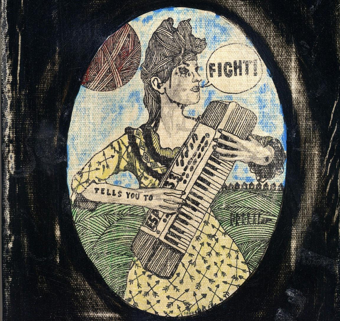 album cover artwork for Renee Louise Carafice 'Tells You To Fight' : a drawing of a woman playing an electric piano with a speak bubble saying "fight!"