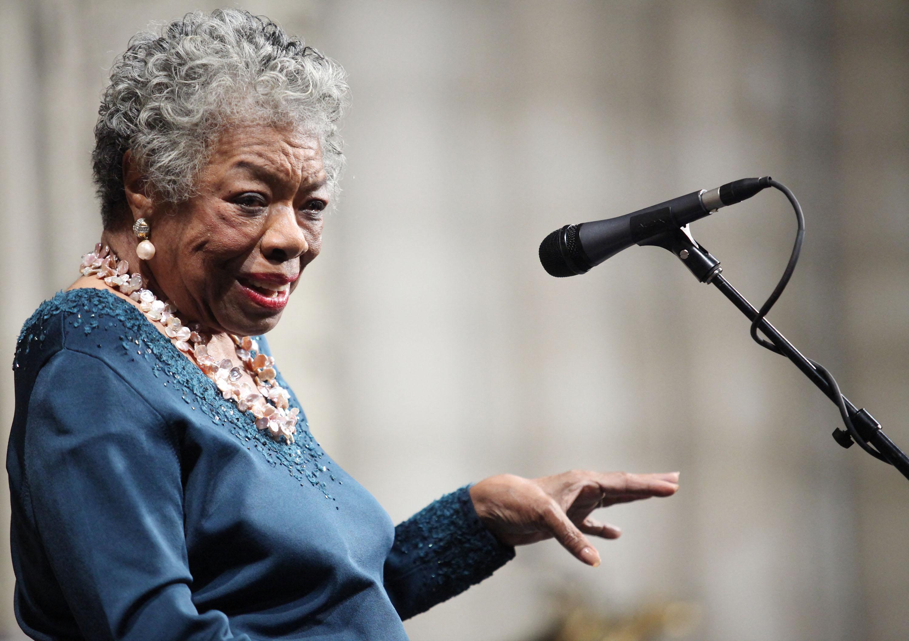 NEW YORK - FEBRUARY 24: Writer Maya Angelou attends the memorial celebration for Odetta at Riverside Church on February 24, 2009 in New York City.   Astrid Stawiarz/Getty Images/AFP (Photo by Astrid Stawiarz / GETTY IMAGES NORTH AMERICA / Getty Images via AFP)