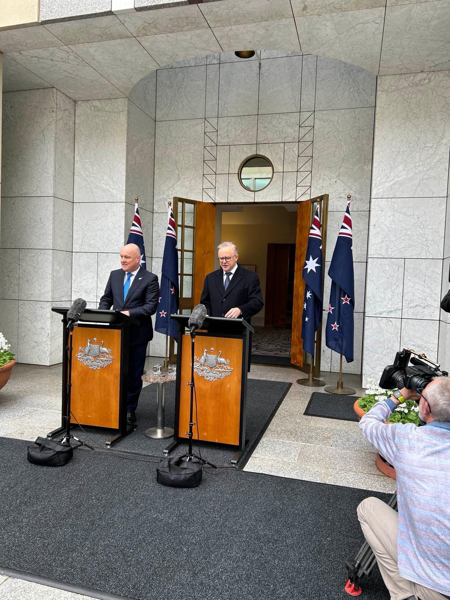 Christopher Luxon and Anthony Albanese hold a joint media conference on August 16, 2024.