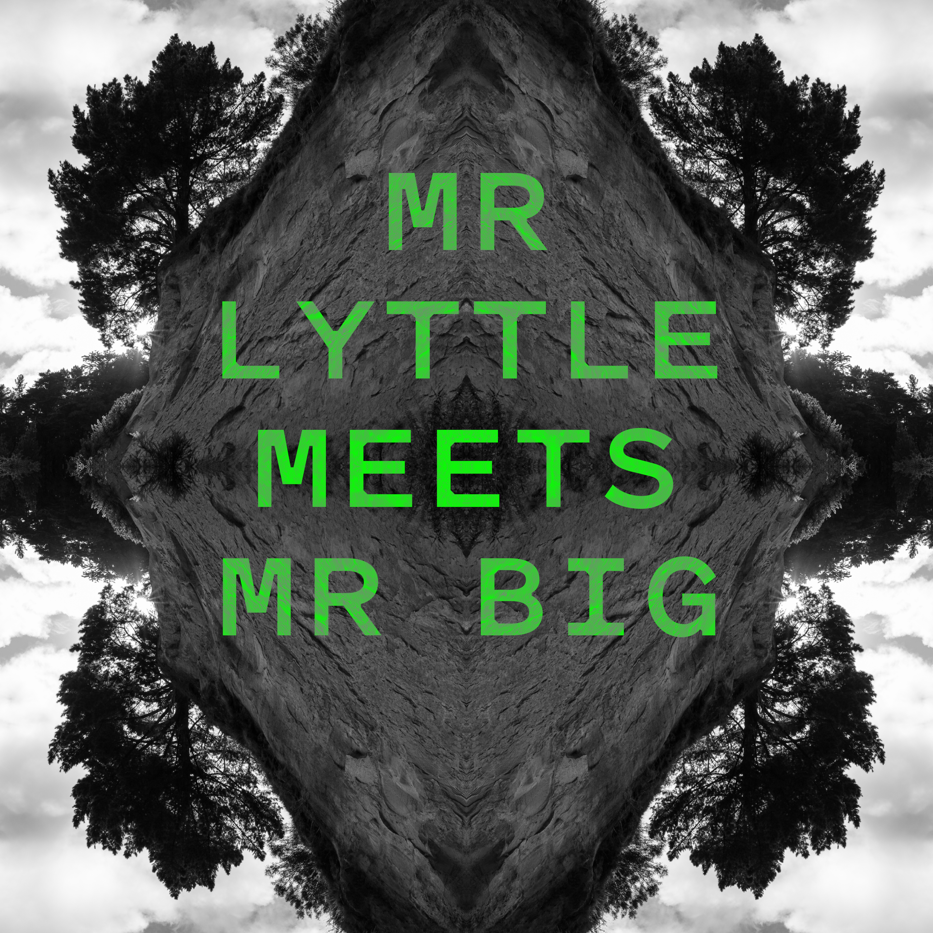 Promotional image for the 'Mr Lyttle Meets Mr Big' podcast. A moody black and white landscape is mirrored vertically and horizontally, creating a rorschach like effect with the name of the podcast in a vibrant green overlaid.