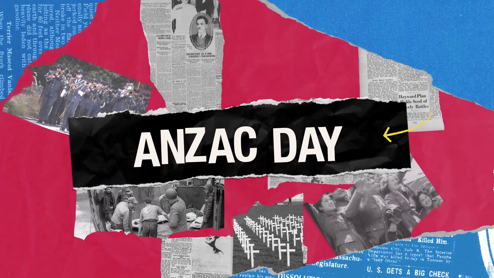 The words Anzac Day and images from past conflicts.