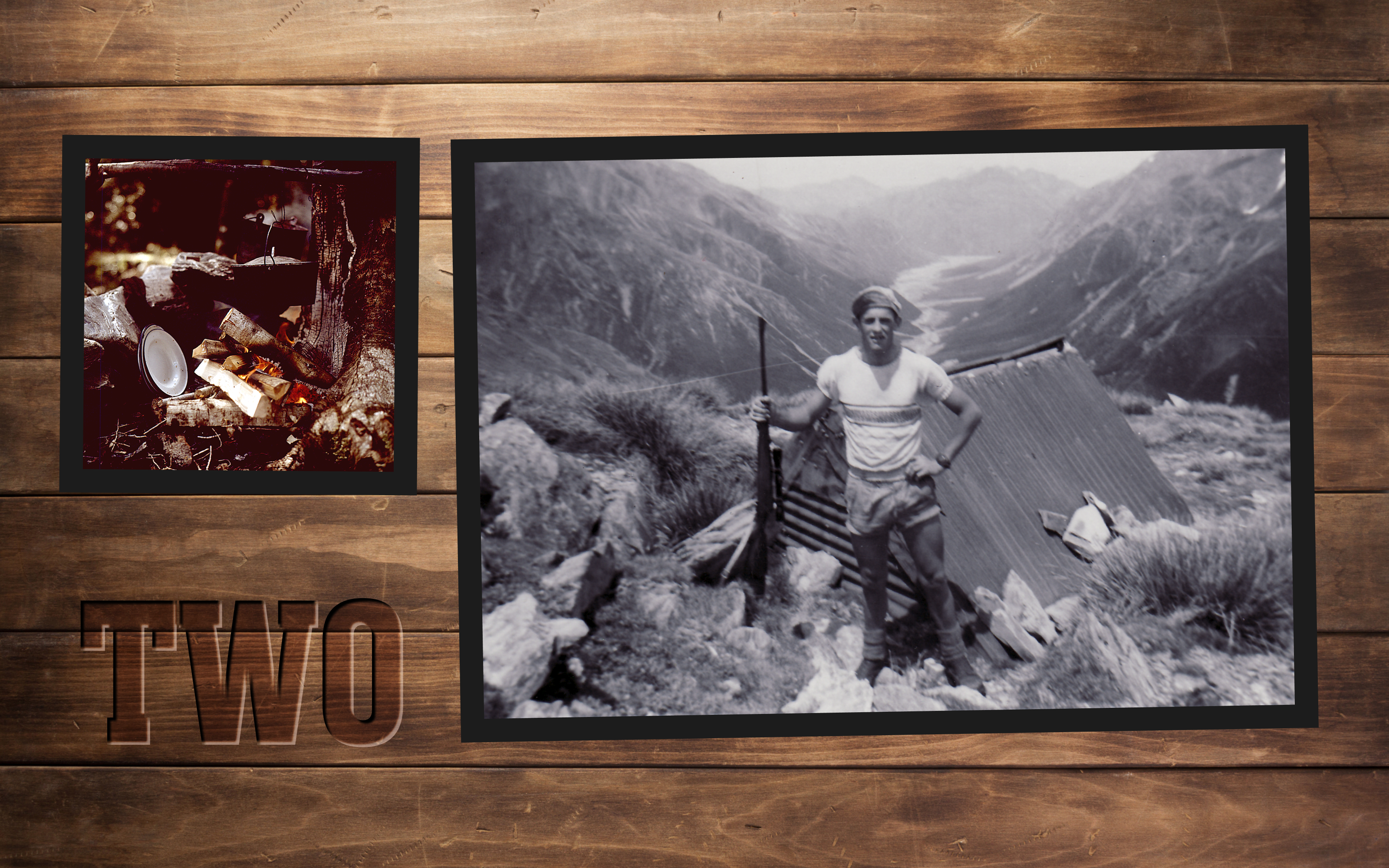 A timber wall reminiscent of a hunting hut has the word "two" stamped into it like a cattle brand. On the wall are two photos, one of a hunter posing with his rifle outside a small tin hut, the other is of hunters supplies.