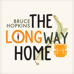 Illustration of the country New Zealand with a dotted walking line from the top of the North Island to Stewart Island. The text in front of this reads "Bruce Hopkins, The Long Way Home". The 'O' in 'Long' is an illustrated compass, and an illustration of a tramping pack sits under the word "Way".