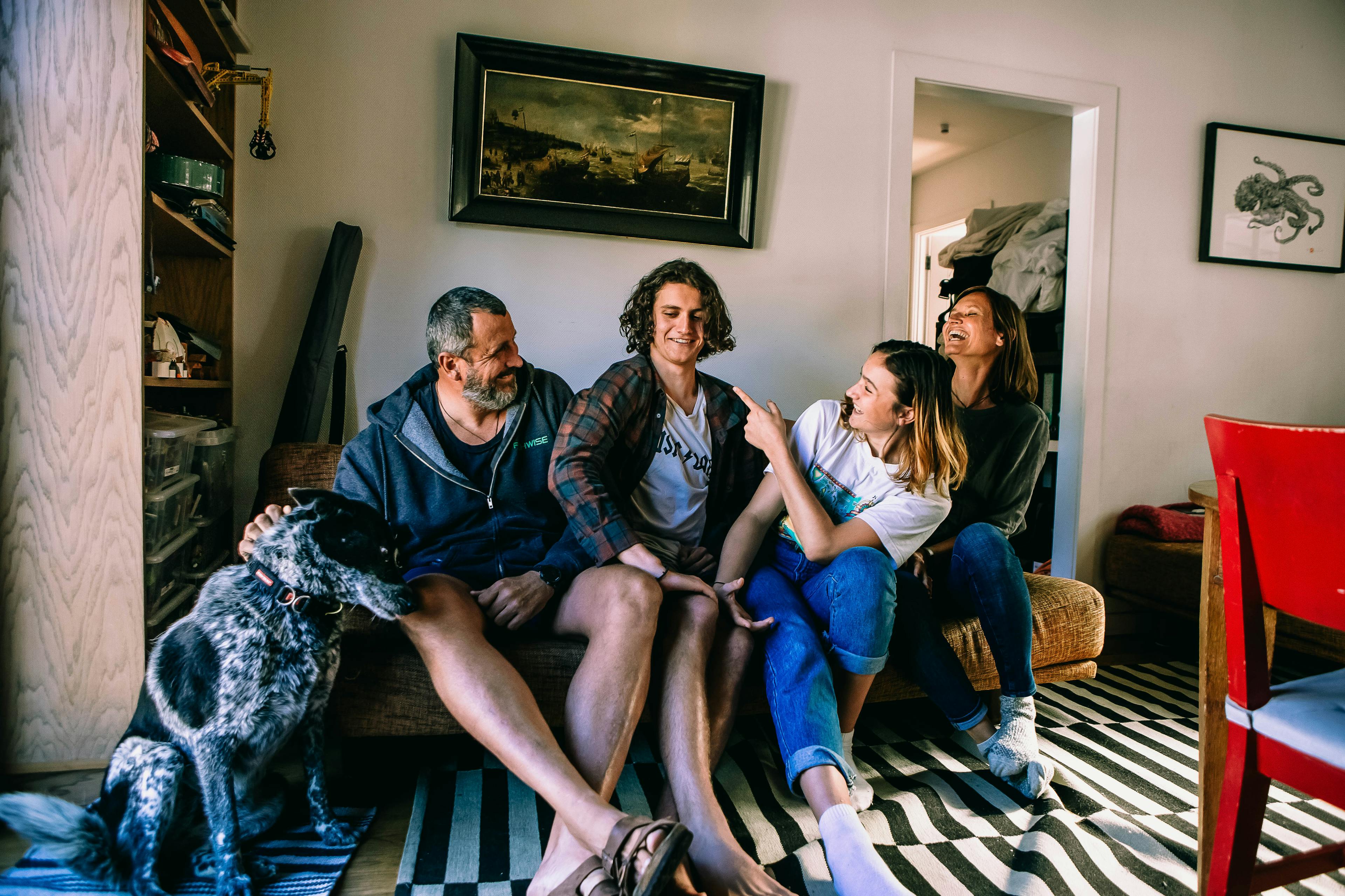 (L-R) Nina, Francisco Blaha, Felix Blaha, Kika Blaha, Vibeke Brethouwer in their home on Waiheke Island.