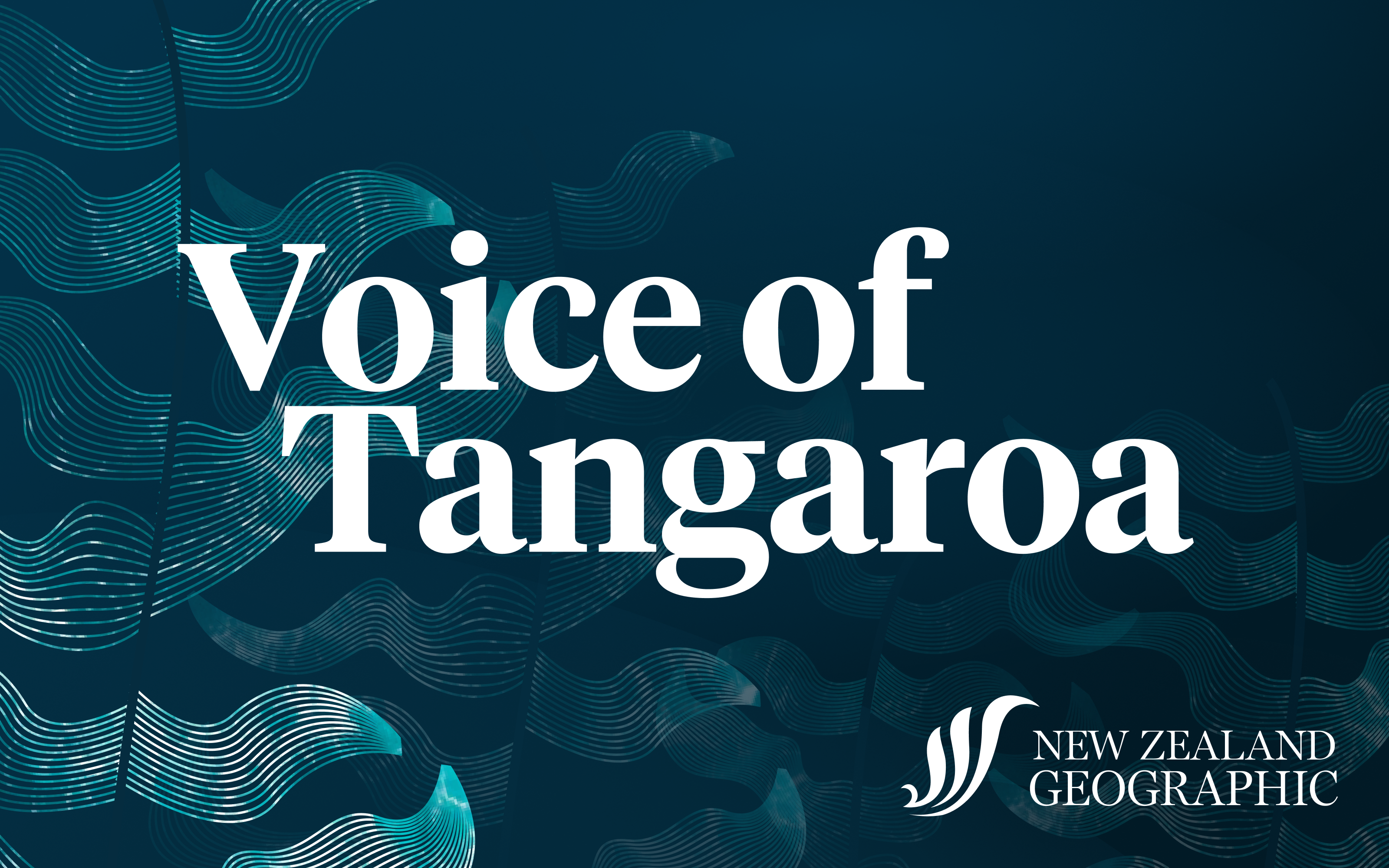 Stylised kelp graphic ontop of dark ocean coloured background, with 'Voice of Tangaroa' on top