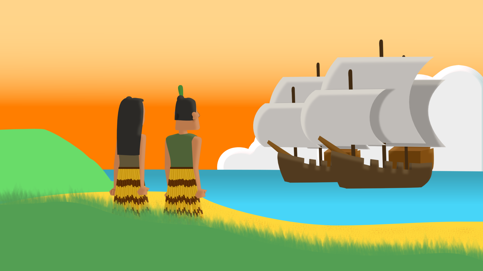 Maori on shore witness the arrival of European ships. Animation by Chris Maguren