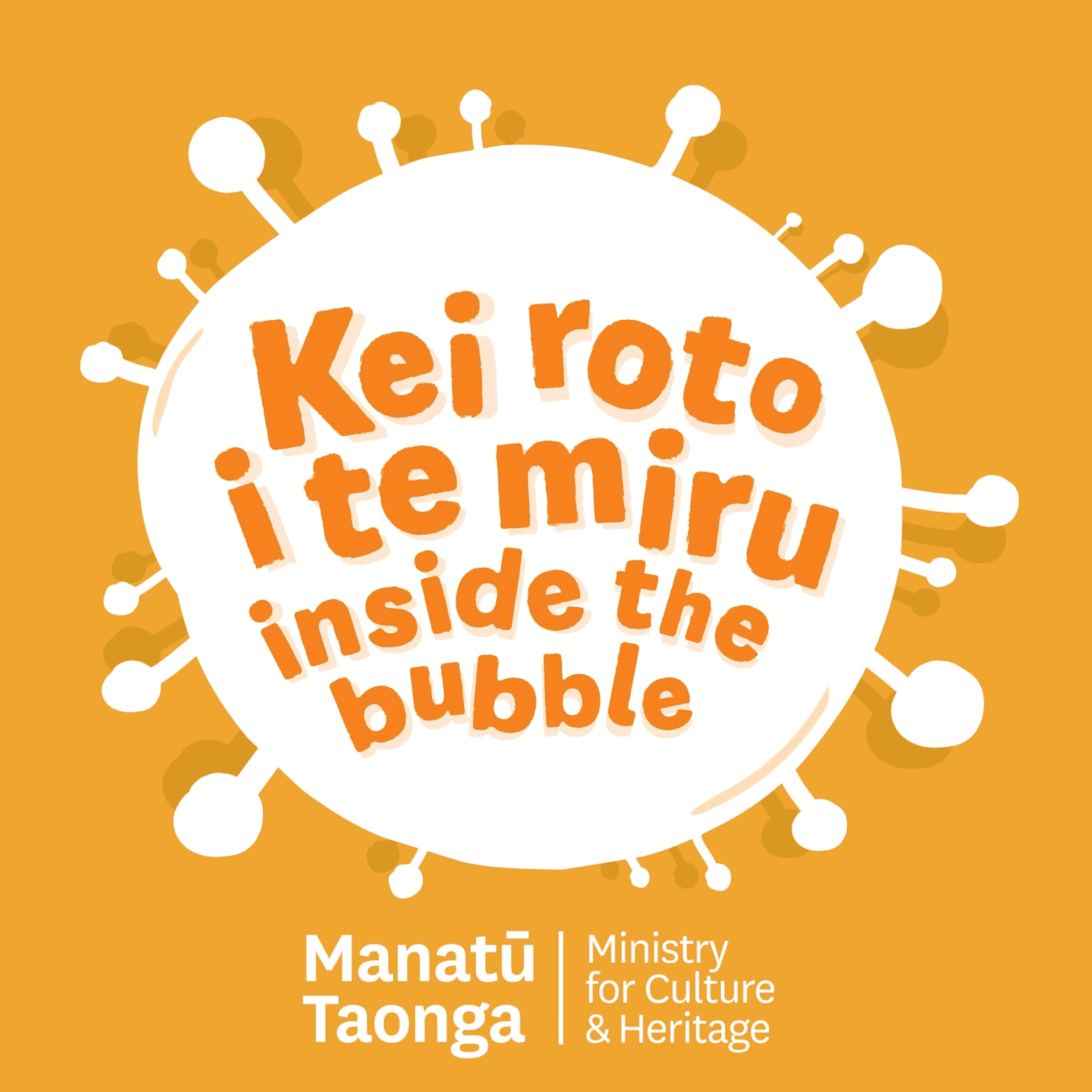 A virus-shaped illustration on an orange background with a title inside of it saying "Kei Roto i te Miru: Inside the Bubble". The image has a Ministry for Culture and Heritage/Matanū Taonga logo at the bottom.