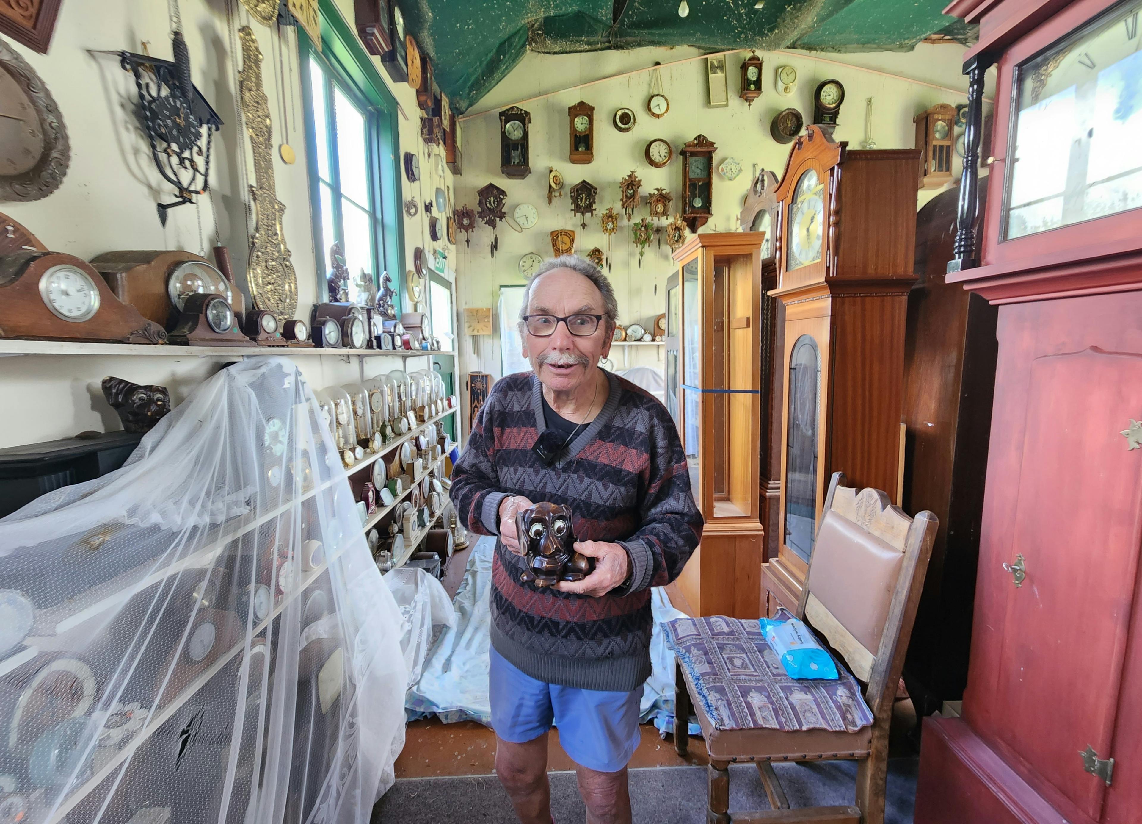 Bill Williams has many favourite clocks in his collection. Here he is with Fritz, one of the quirkiest.