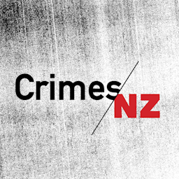 A podcast cover for "Crimes NZ' with a podcast name on dark noisy background.