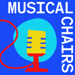 An illustration of a bright and colourful microphone with a light blue circle behind it placed on a blue background. The words "Musical Chairs" placed at a 90-degree angle relative to each other.