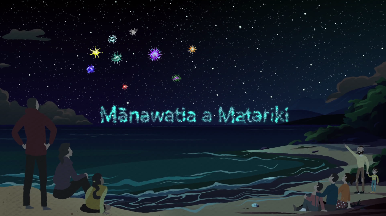 An illustartion of the Matariki star cluster with the words 'Manawatia a Matariki'.