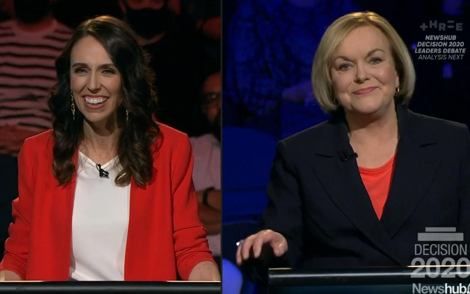 Labour leader Jacinda Ardern and National leader Judith Collins during the Newshub leaders debate. 30 September 2020.