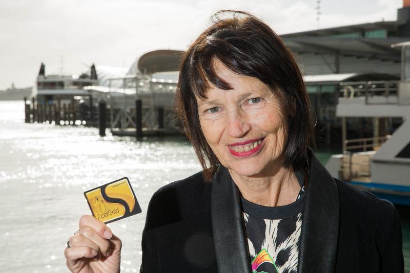 Suzy Morrison and her Gold Card, in front of the ferry about to head to Waiheke, for A Wrinkle in Time podcast series.