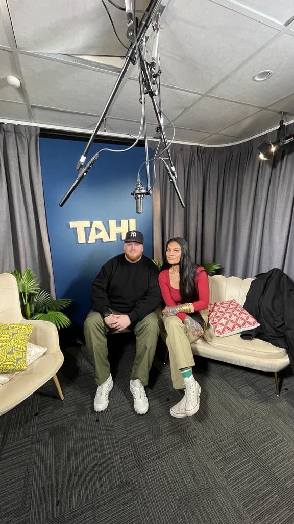 So'omālō Iteni Schwalger, sitting with Aaradhna, in TAHI Studio for interview.