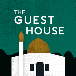 A white Muslim mosque with a golden roof surrounded by the abstract shapes of the trees on a dark green background. The text above it says "The guest house".