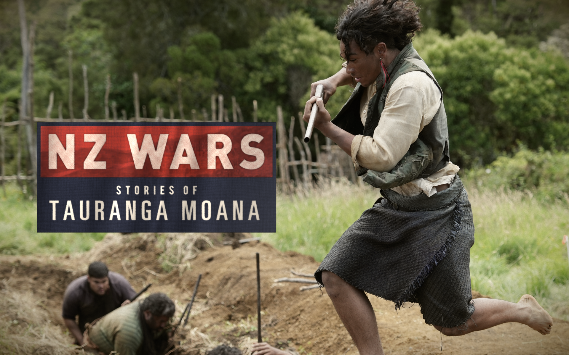 A 19th century Maori warrior leaps over trench with a rifle in hand. Text reads "NZ Wars, Stories of Tauranga Moana"