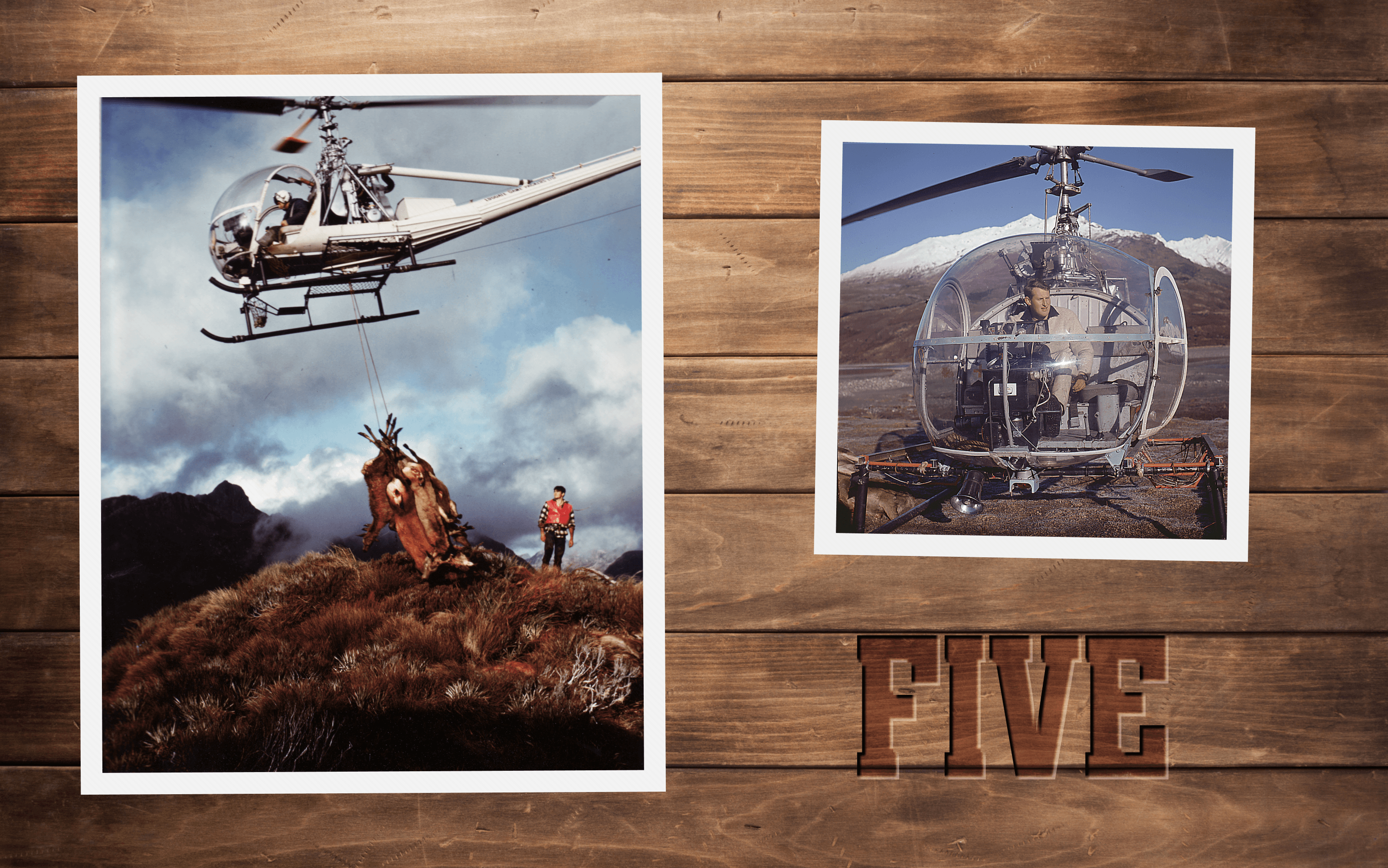 A timber wall reminiscent of a hunting hut has the word "five" stamped into it like a cattle brand. On the wall are two photos of helicopter deer hunters