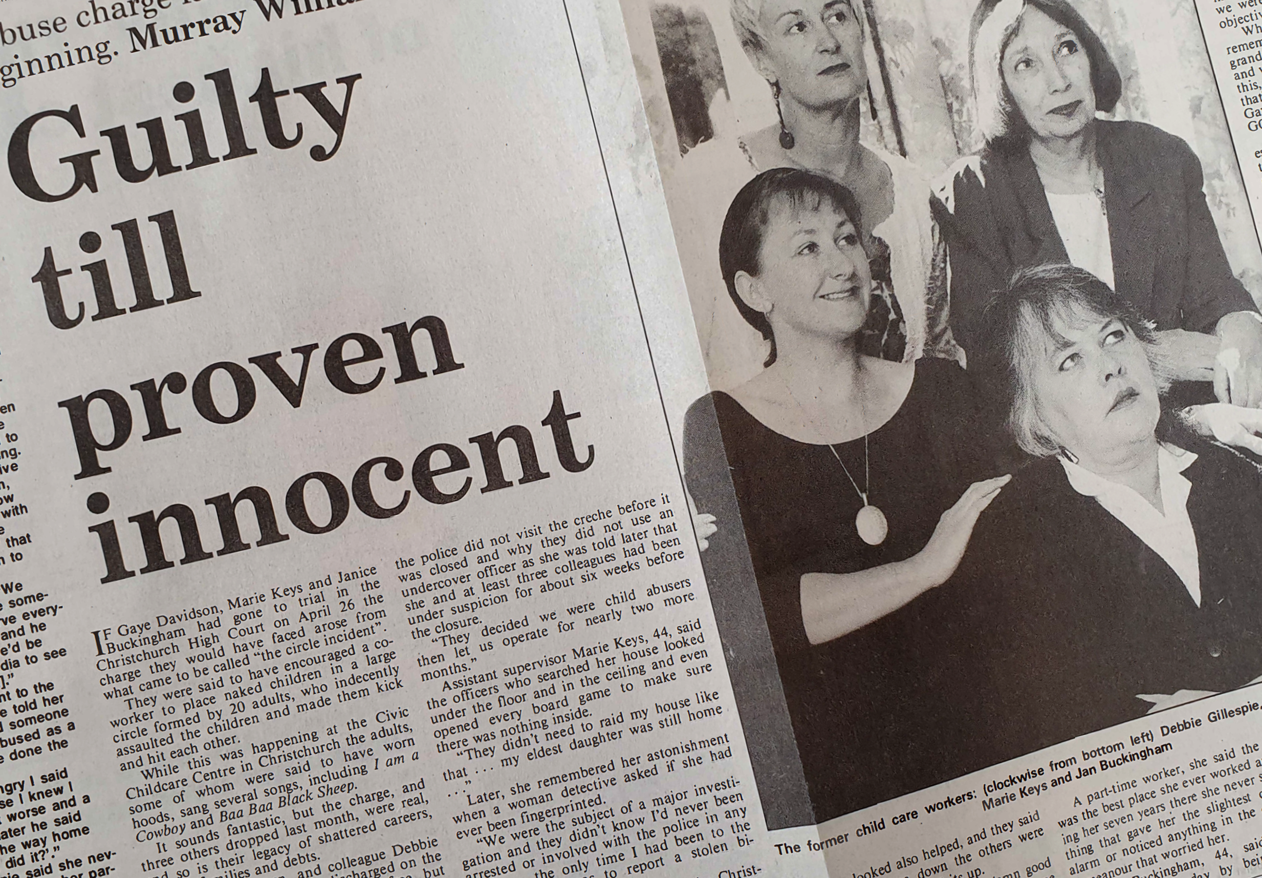 A newspaper clipping of the four women accused alongside Peter Ellis, with the headline 'Guilty Until Proven Innocent'