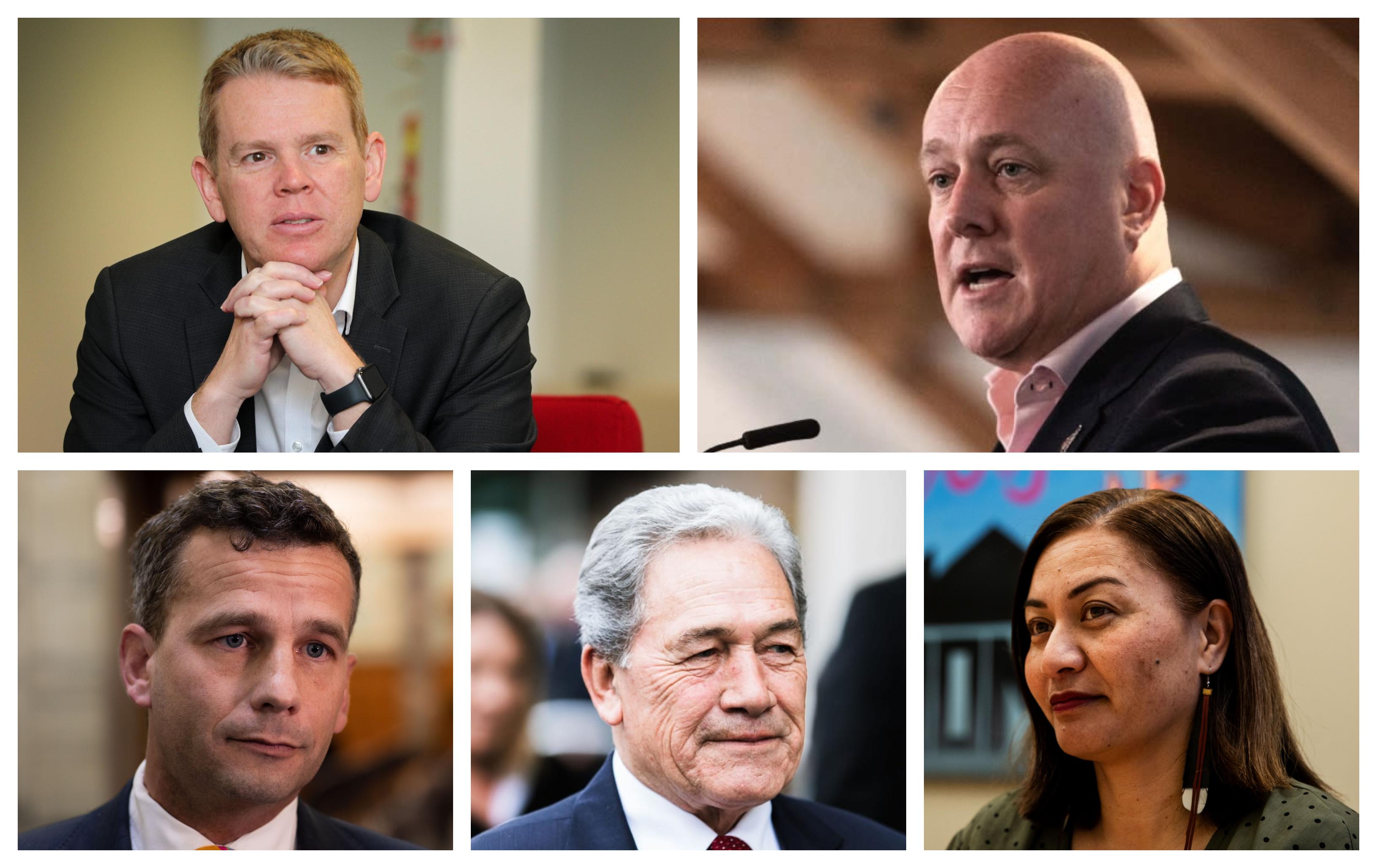 Chris Hipkins, Christopher Luxon, Miranda Davidson, Winston Peters and David Seymour.