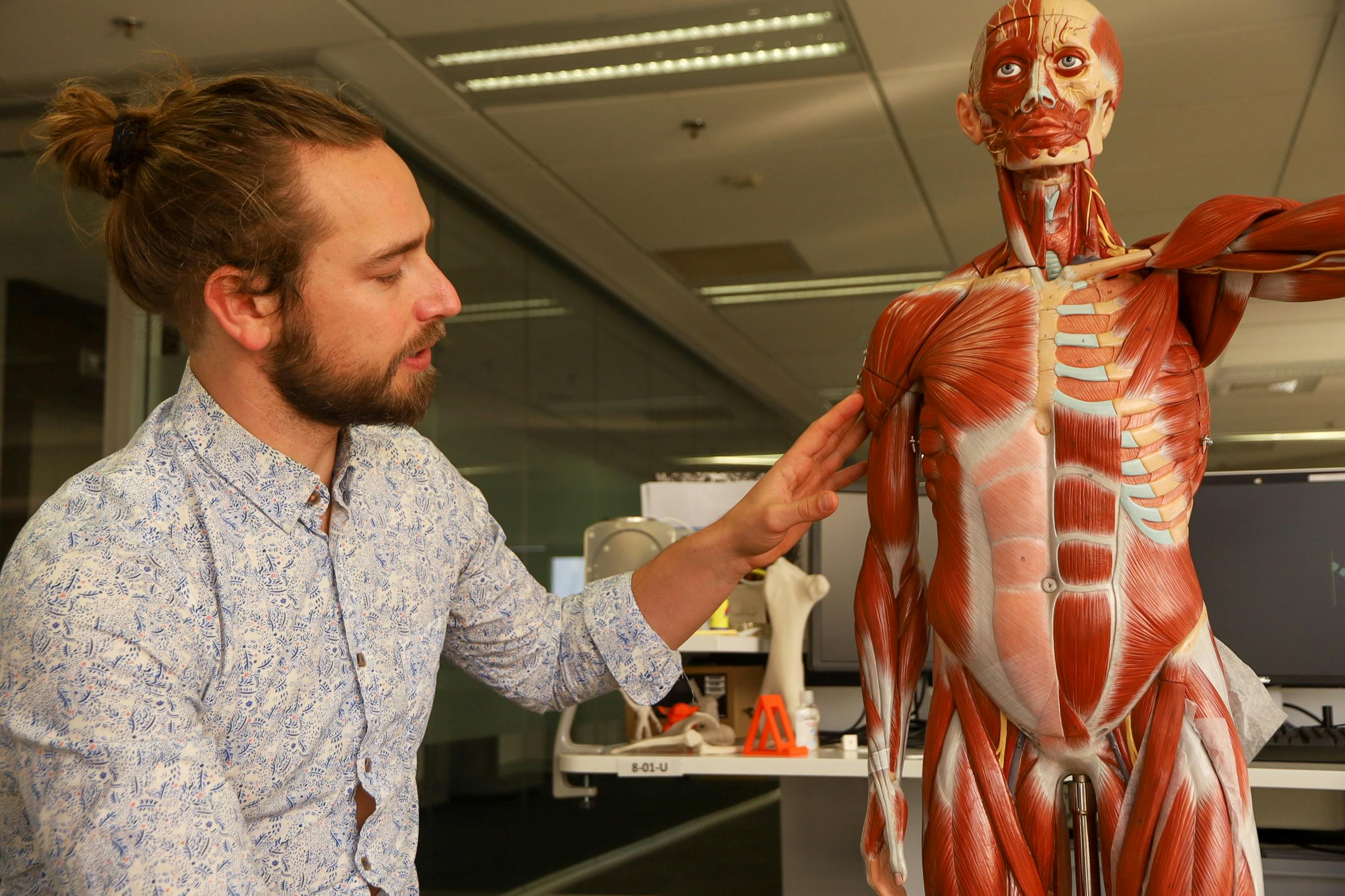 A man in a shirt sits next to a model of the human body with muscles visible. He is touching the bicep of the model.