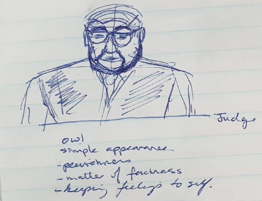 Sketch of judge drawn during the trial of Peter Ellis