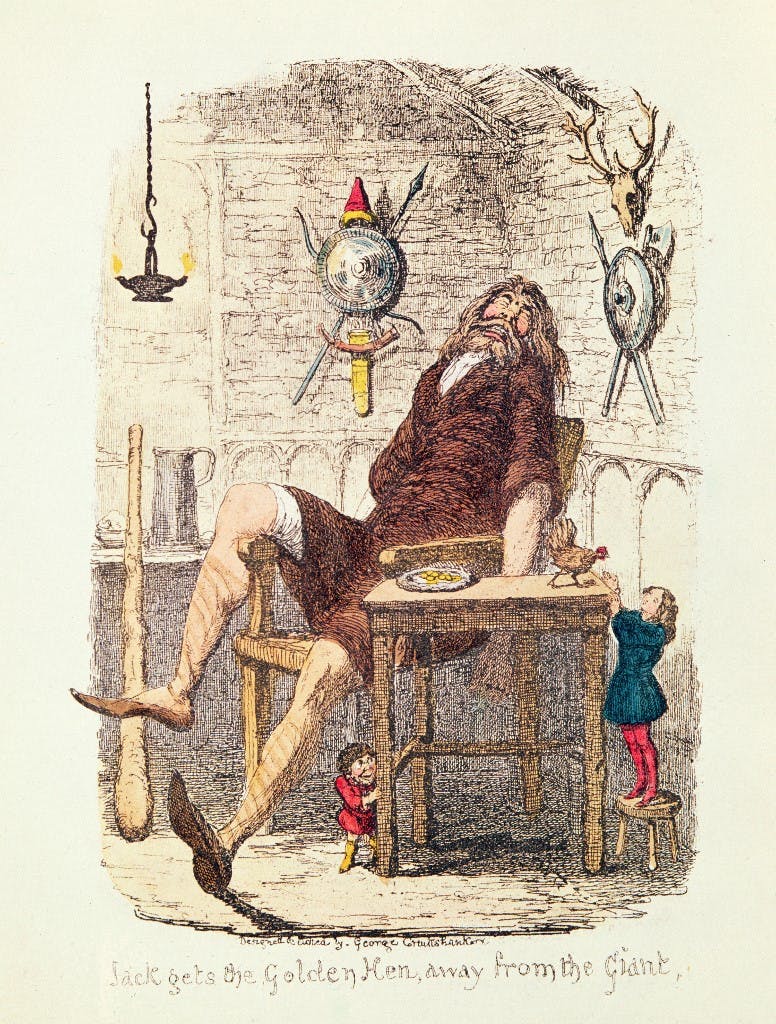 Jack Gets the Golden Hen away from the Giant (Jacques emporte la poule aux oeufs d'or du geant. Jacques et le haricot magique) (colour litho) by Cruikshank, George (1792-1878); Private Collection; (add.info.: Jack and the Beanstalk) (Photo by leemage / Leemage via AFP)