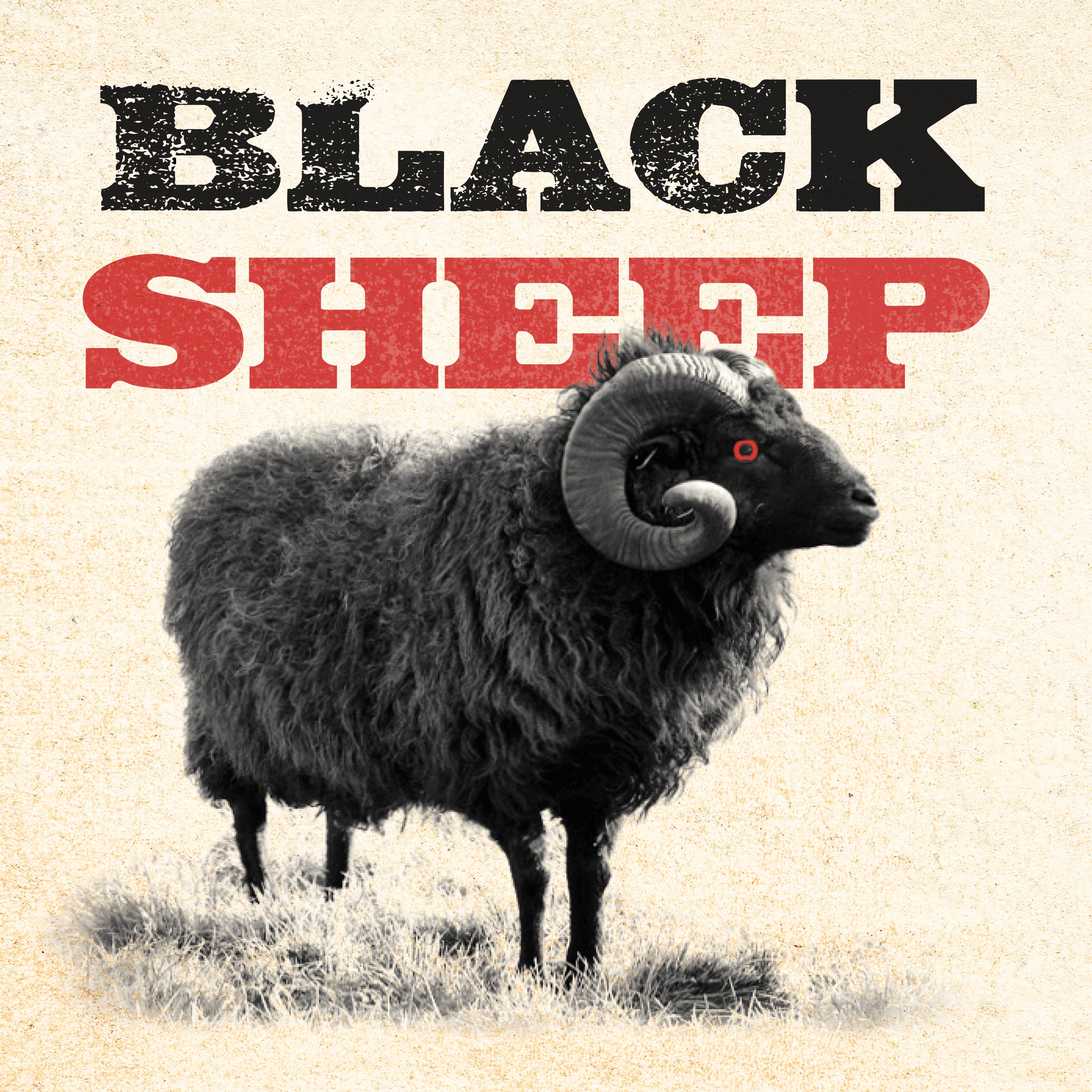 The words "Black Sheep" are displayed in a vintage font above a black sheep with a creepy red eye.