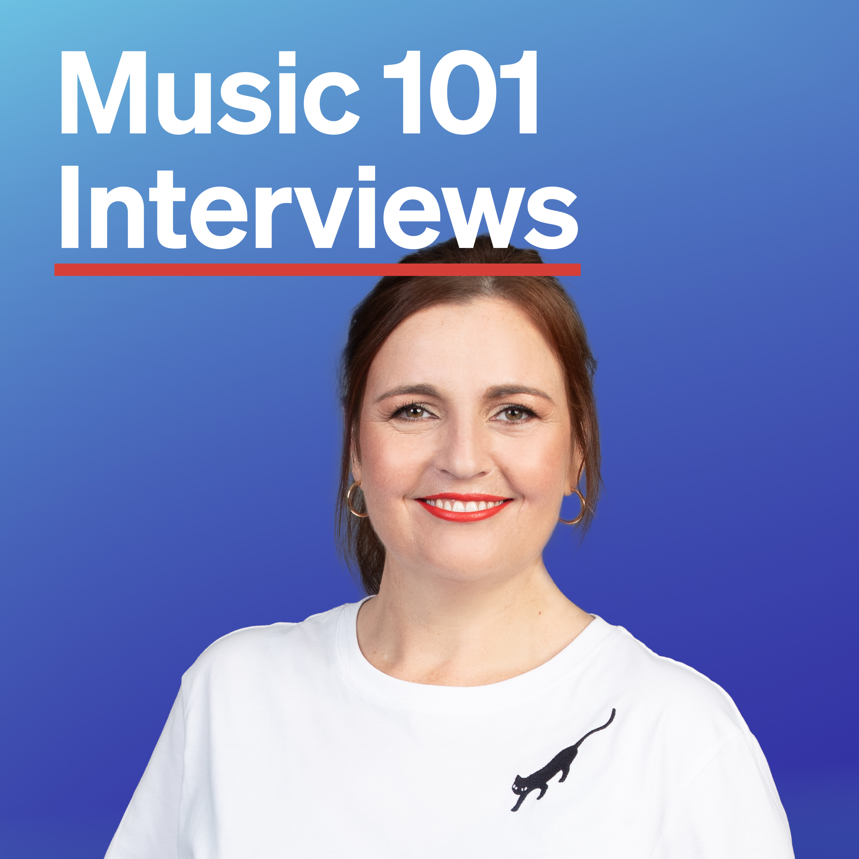 Charlotte Ryan smiles wearing bright red lipstick and a Kate Sylvester T-shirt, text reads "Music 101 Interviews". Bright blue background.