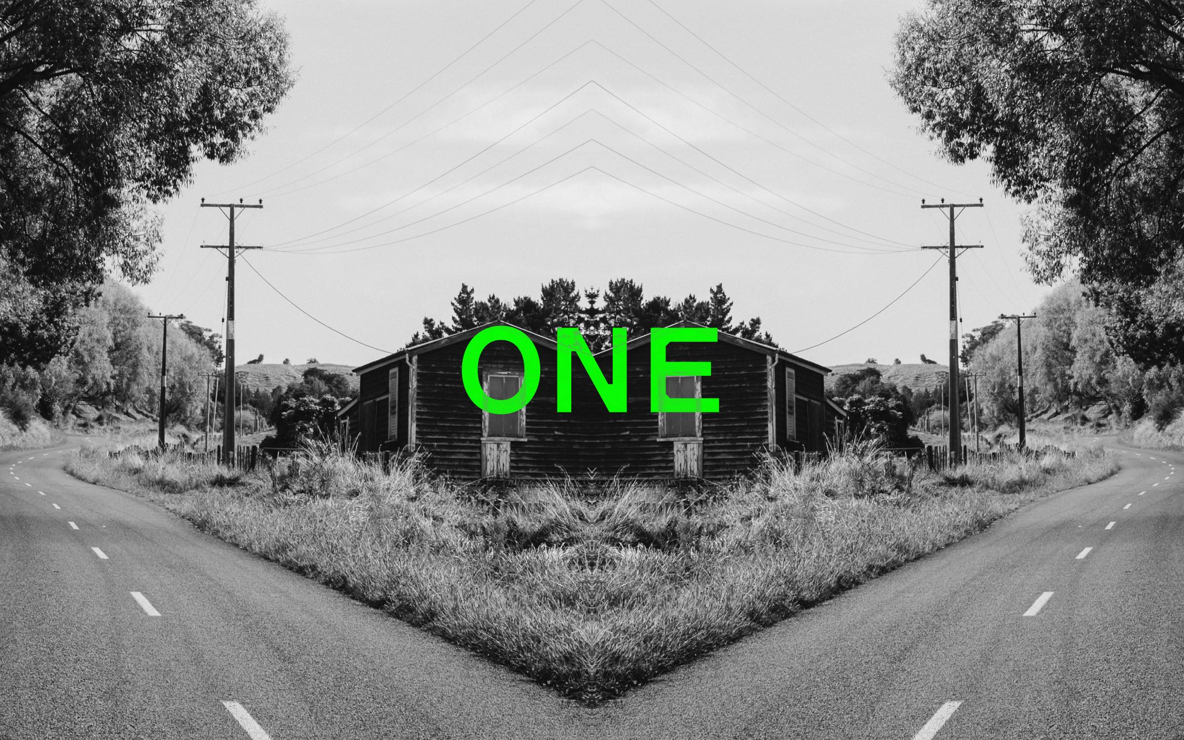 Podcast episode image for the 'Mr Lyttle Meets Mr Big' podcast. A moody black and white photograph of a rural house and road is mirrored vertically creating a Rorschach like effect with the episode number 'ONE' overlaid in vibrant green.