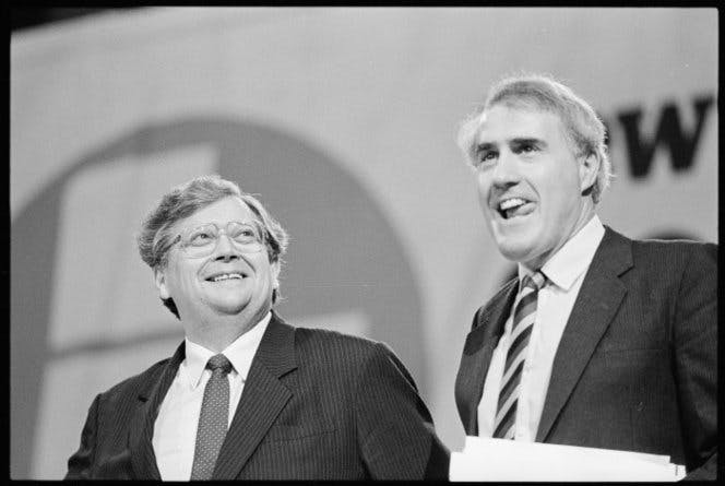 Geoffrey Palmer (R) with David Lange at the Labour Party conference, Michael Fowler Centre, Wellington, August 1986. Ross Giblin, Dominion Post