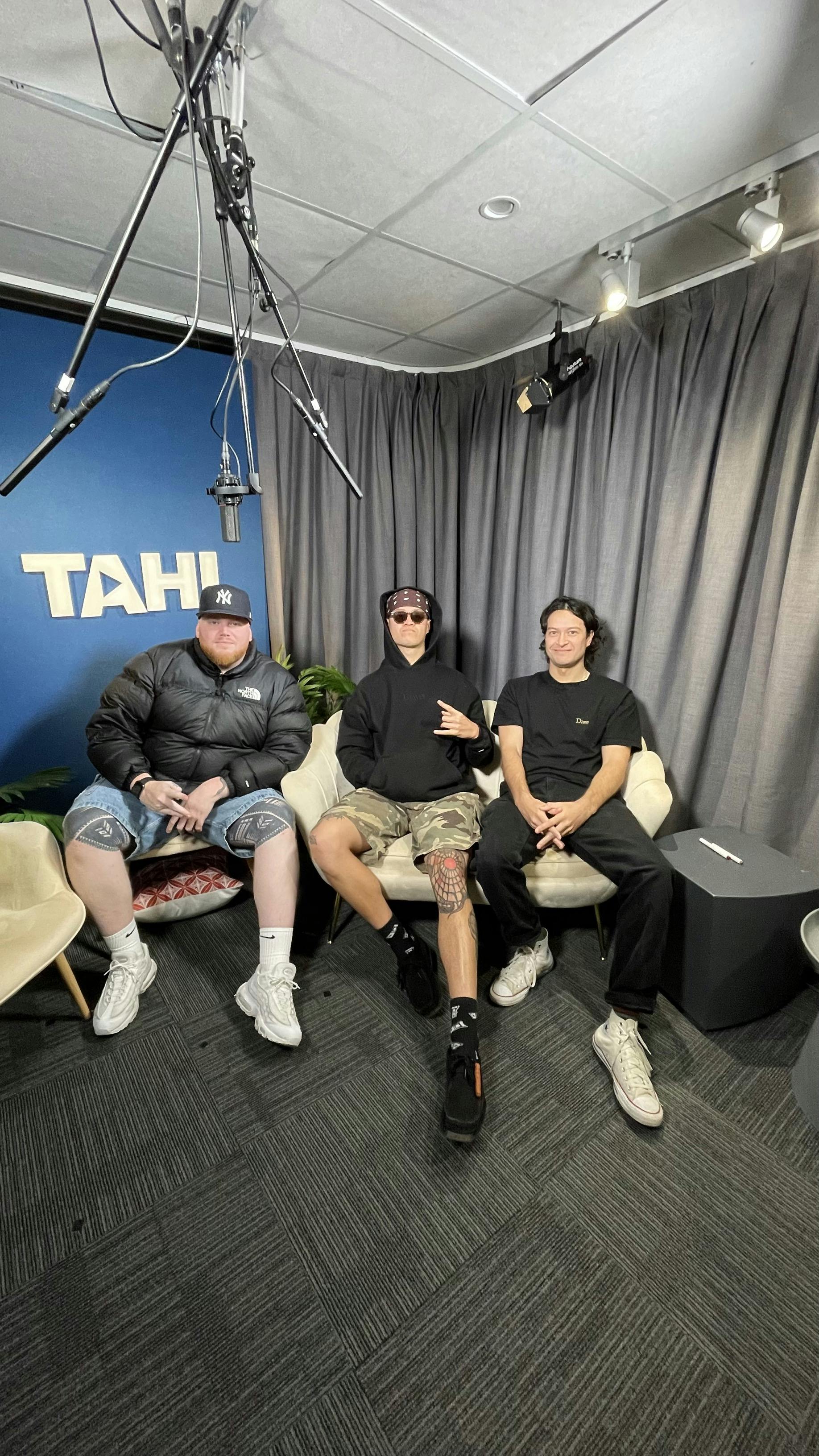 So'omālō Iteni Schwalger, sitting with Brandn Shiraz and Bryce Tobin, in TAHI Studio for interview.