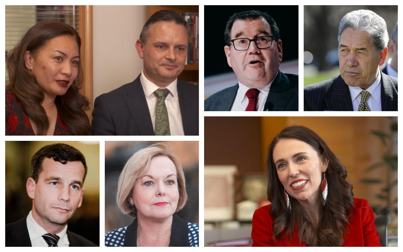 James Shaw and Marama Davidson, Grant Robertson, Winston Peters, Jacinda Ardern, Judith Collins and David Seymour