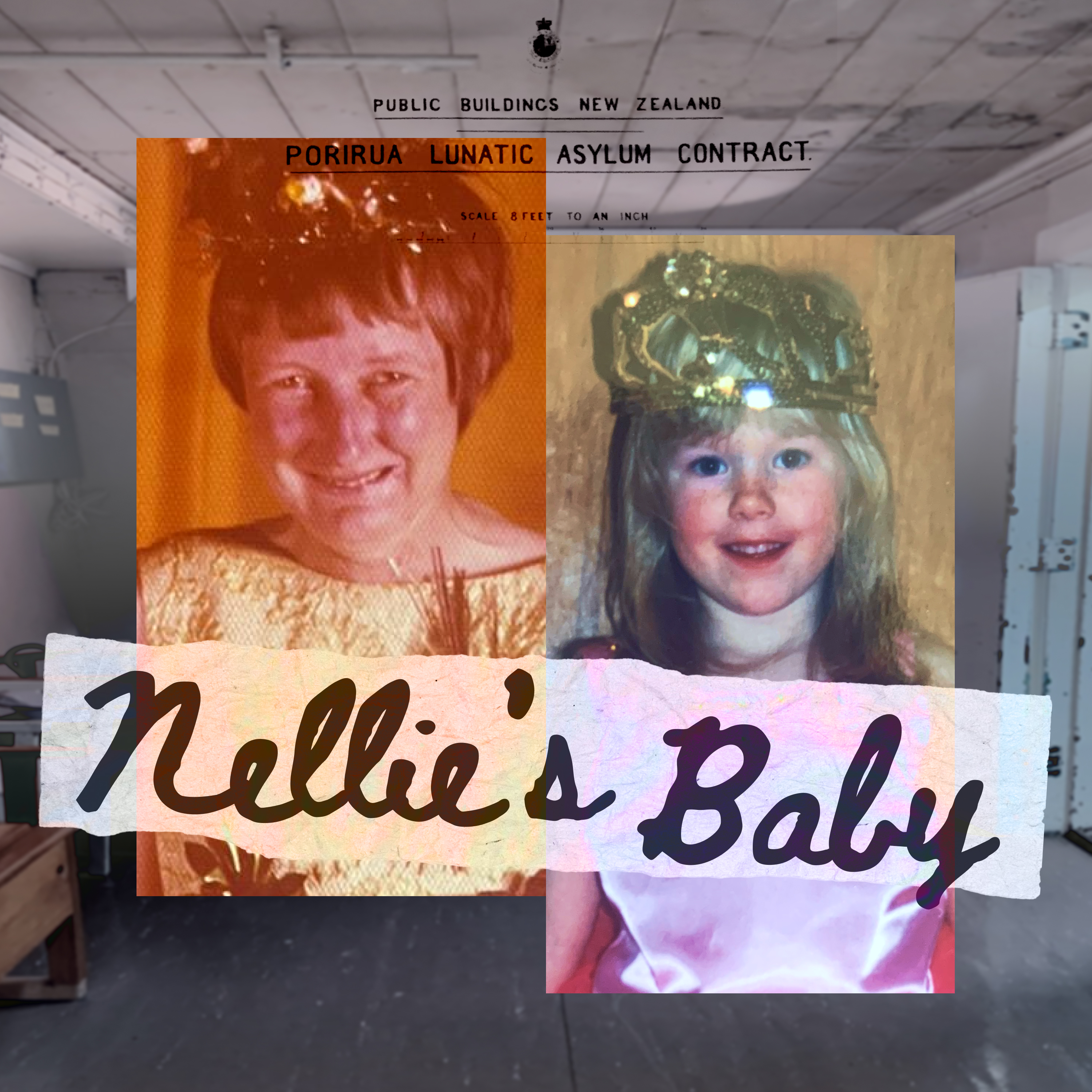 Title "Nellie's Baby" overtop old photographs and a dark hallway