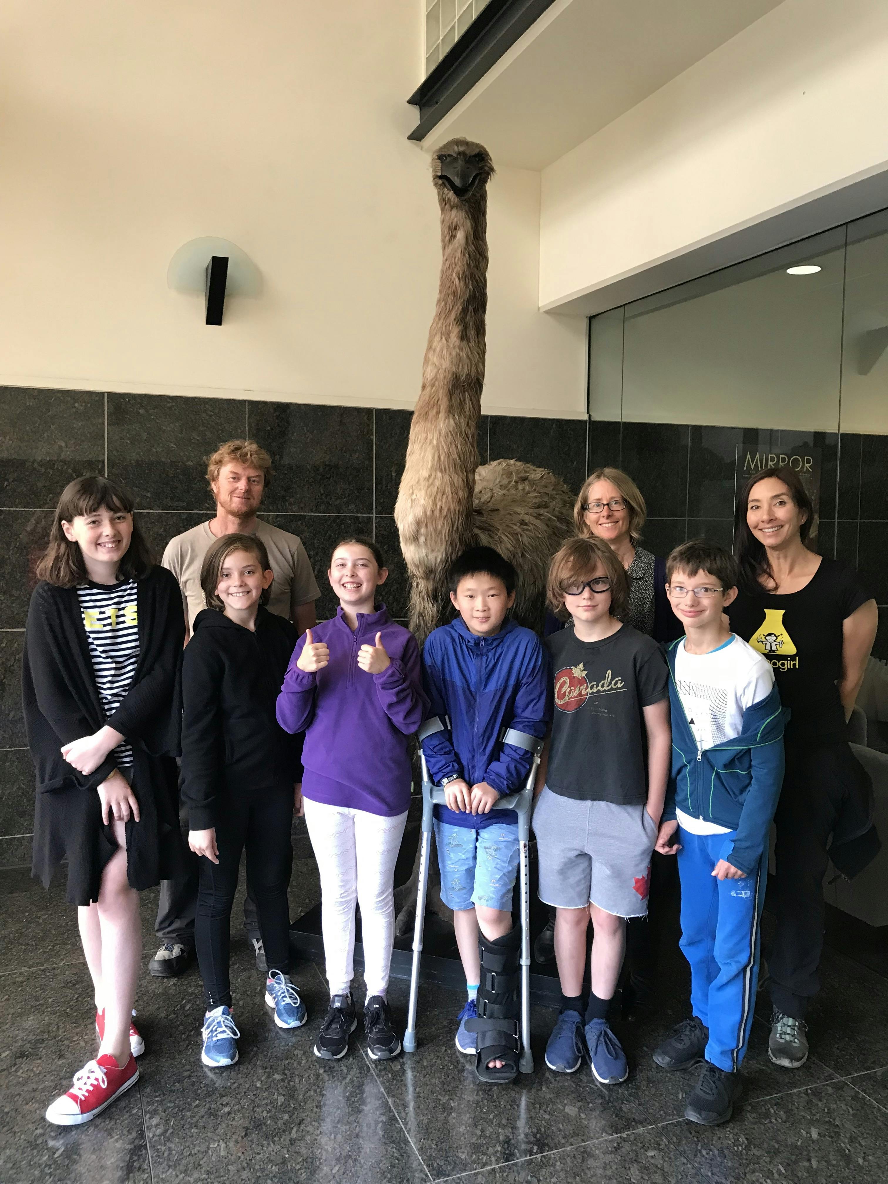 Nanogirl, Dr Lara Shepherd and Dr Alan Tennyson with students from Clyde Quay School including; Noelle Schille, Aiden Zhao, Nate Toews, Sadie Donaldson and Eleanor Royson.