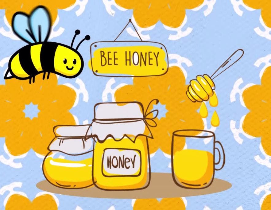 An cartoon of a smiling bee with jars of honey.