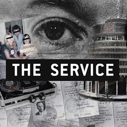 A large open eye in black and white appears between a family photo with the eyes blacked out and an old audio recorder on the left, and the NZ parliament building on the right. Below are documents with stamps and images. Bold text in the centre reads 'The Service'.