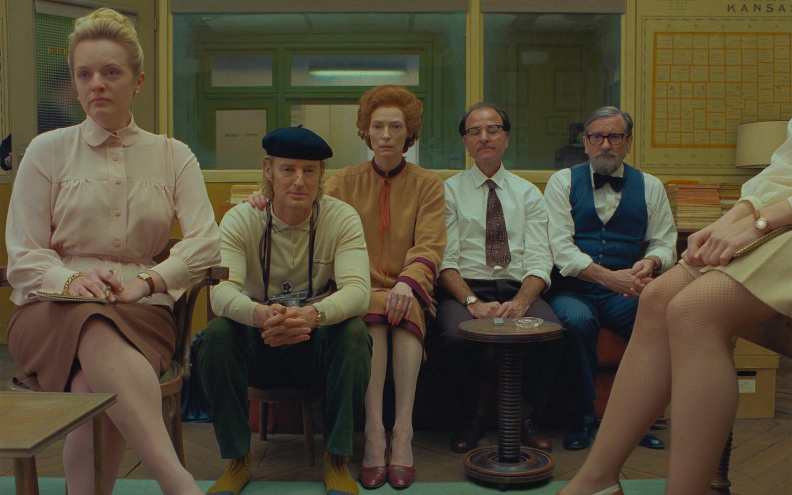 (From L-R): Elisabeth Moss, Owen Wilson, Tilda Swinton, Fisher Stevens and Griffin Dunne in the film THE FRENCH DISPATCH. Photo Courtesy of  Searchlight Pictures. Â© 2020 Twentieth Century Fox Film Corporation All Rights Reserved