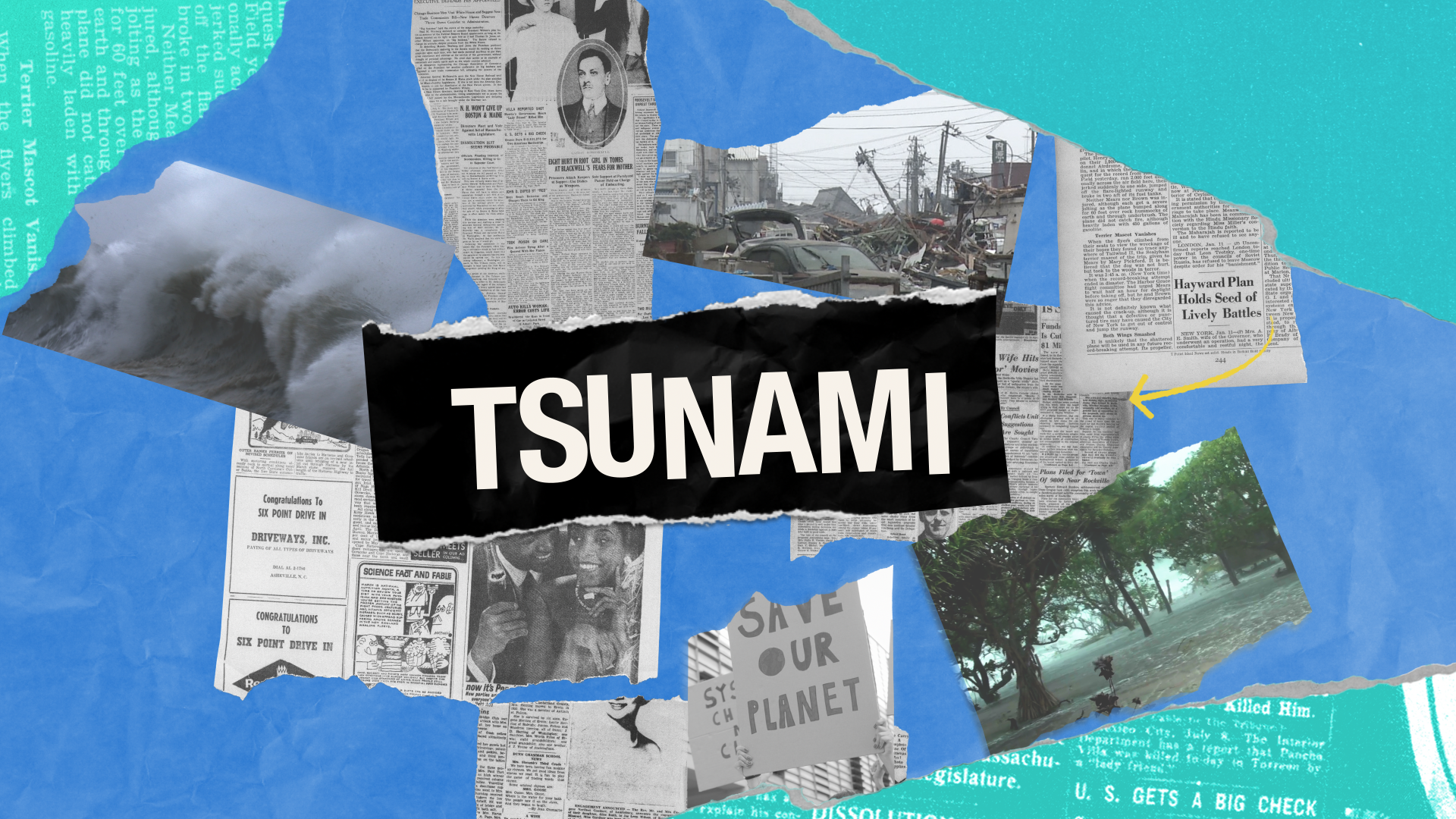 Title of tsunami and images of news article and after-effects of tsunami