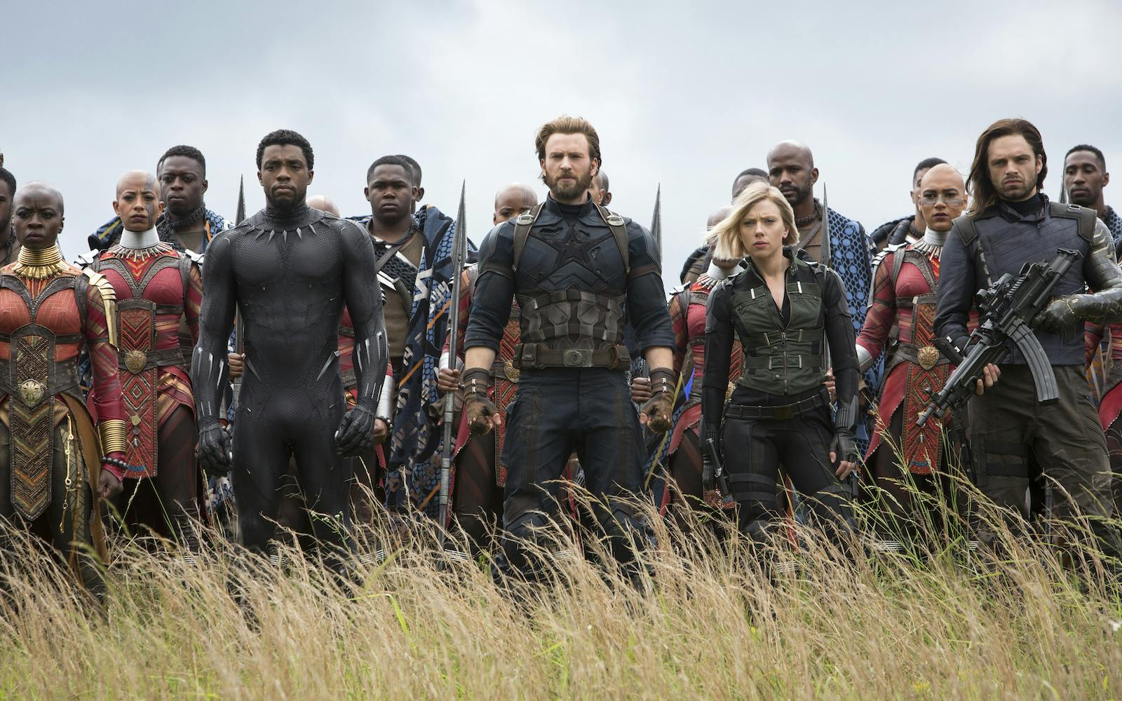 Marvel Studios' AVENGERS: INFINITY WAR..L to R: Okoye (Danai Gurira), Black Panther/T'Challa (Chadwick Boseman), Captain America/Steve Rogers (Chris Evans), Black Widow/Natasha Romanoff (Scarlet Johansson) and Winter Soldier/Bucky Barnes (Sebastian Stan)..Photo: Chuck Zlotnick..Â©Marvel Studios 2018