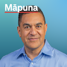 Host Julian Wilcox on a soft teal background with the title of the programme "Māpuna"