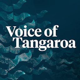 Stylised kelp graphic ontop of dark ocean coloured background, with 'Voice of Tangaroa' on top