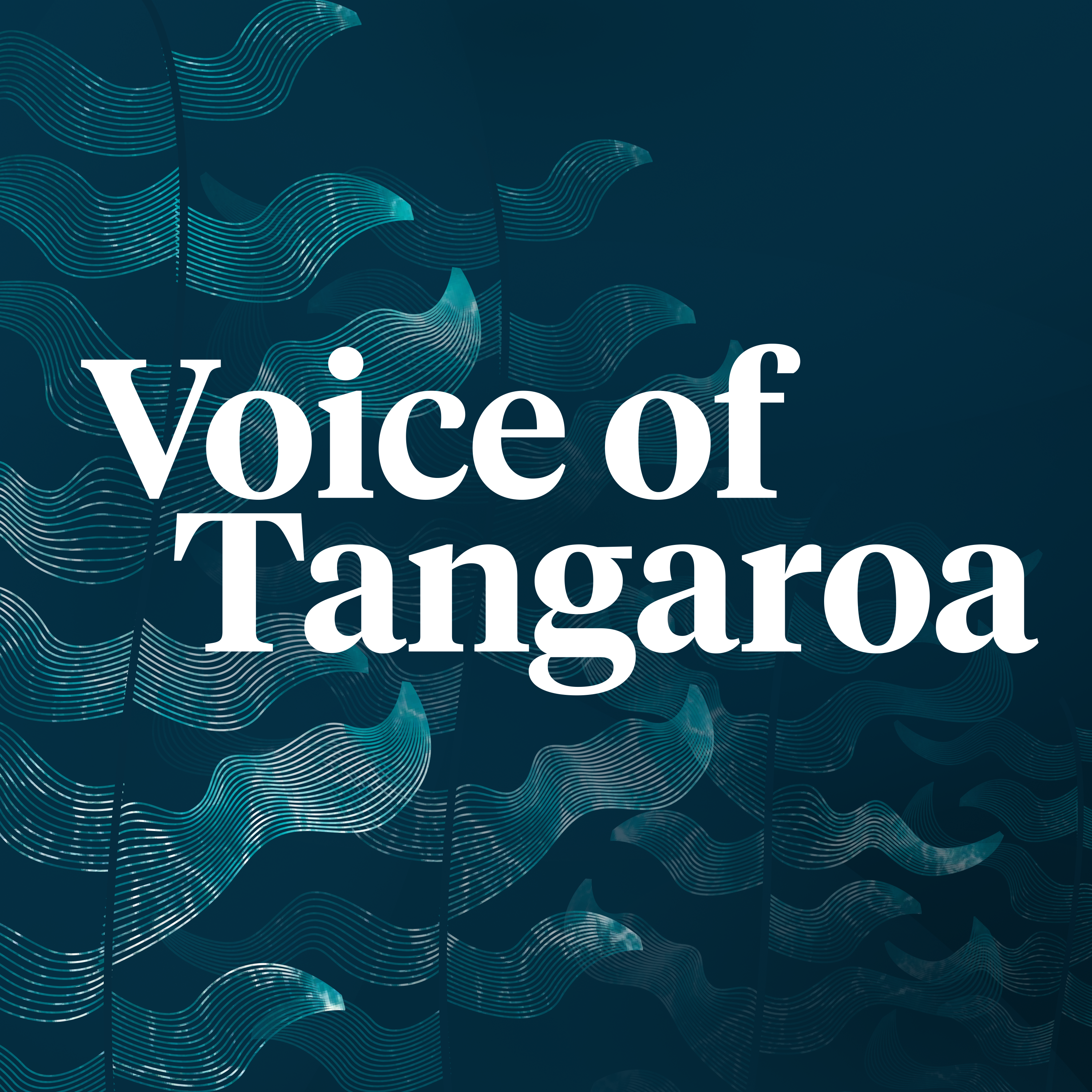 Stylised kelp graphic ontop of dark ocean coloured background, with 'Voice of Tangaroa' on top