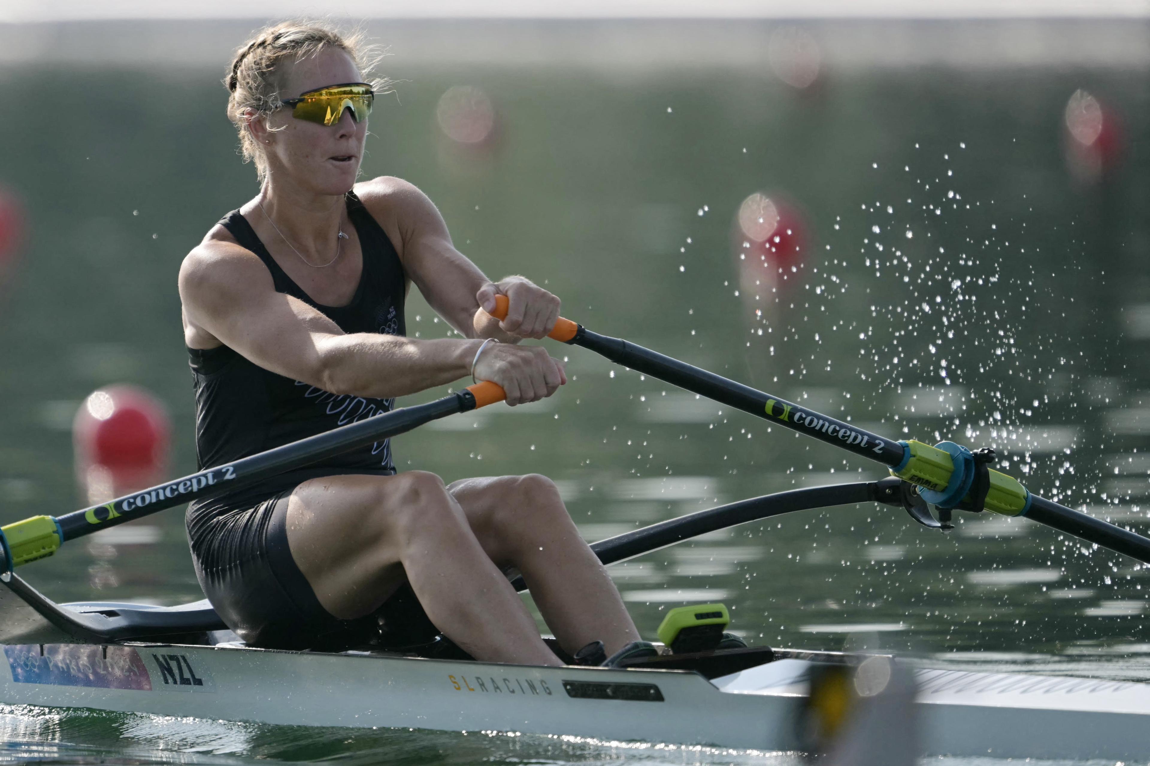 New Zealand's Emma Twigg competes in the women's single sculls quarterfinals rowing competition at Vaires-sur-Marne Nautical Centre in Vaires-sur-Marne during the Paris 2024 Olympic Games on July 30, 2024. (Photo by Bertrand GUAY / AFP)