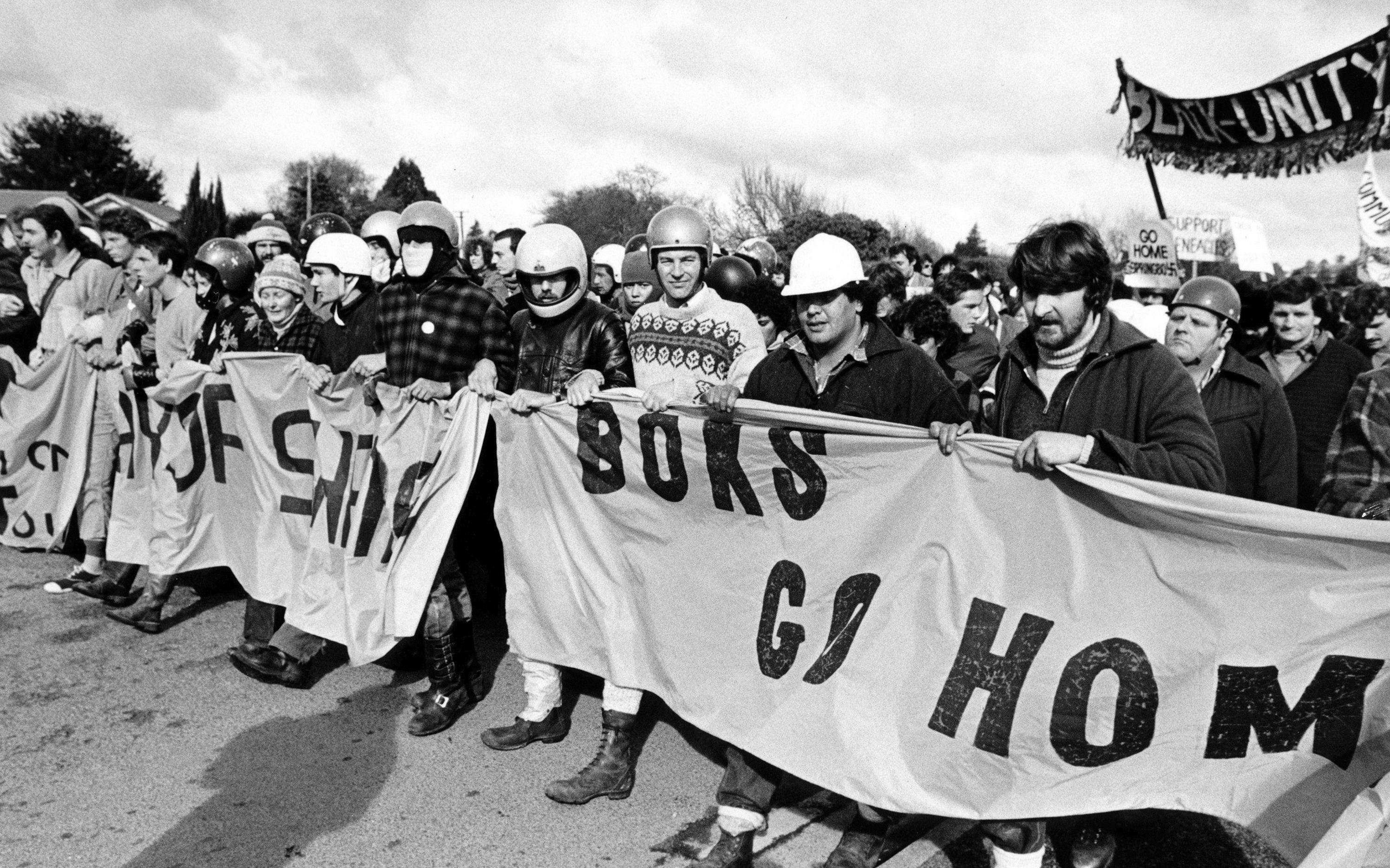 Anti-Apartheid rally during the Springboks tour of New Zealand, 1981.