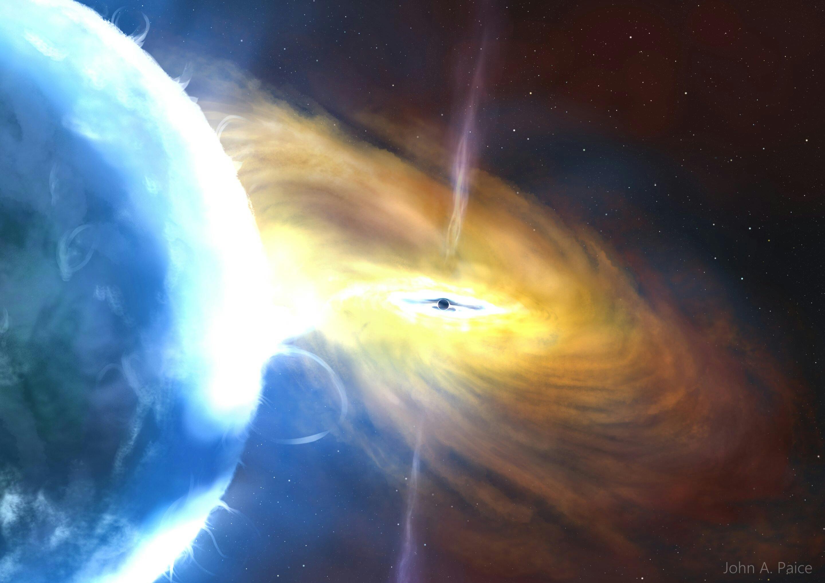 An artist's impression of the event - a giant gas cloud sucked into a supermassive black hole.