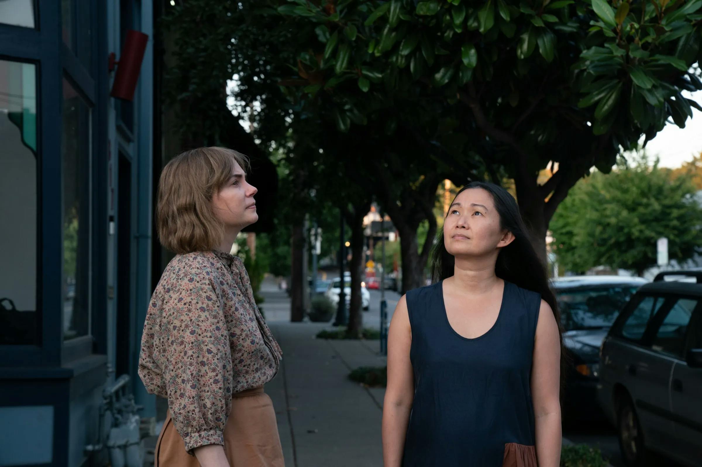 Film still from Kelly Reichardt's 2023 drama Showing Up, starring Michelle Williams and Hong Chau