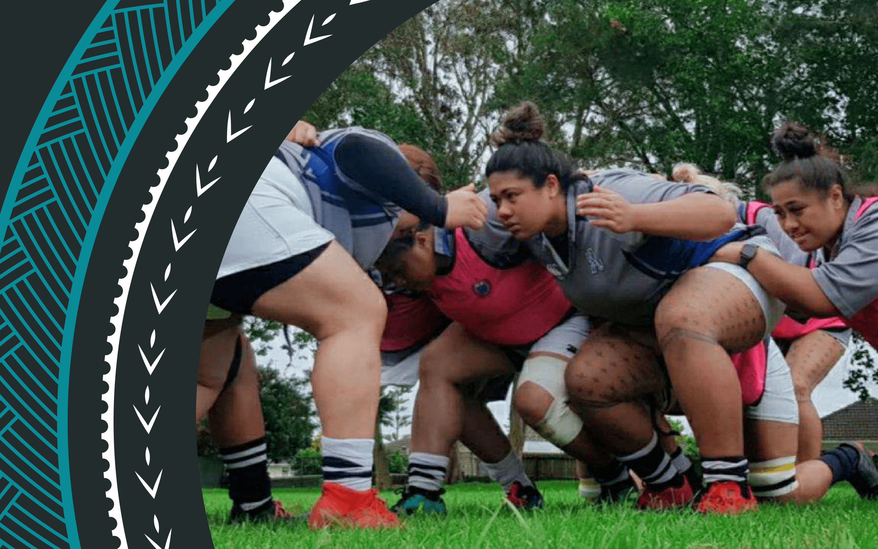 A close up photo of the Samoan Women's Rugby team, the Manusina doing their scrum practice.