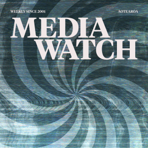 A grey and blue hypnotising illustration on the background with a large title saying "Mediawatch" and words "weekly since 2001" above the title.