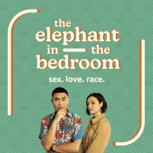 A podcast cover for "The Elephant in the Bedroom" with the tagline "sex. love. race." features a teal background with a repeating pattern of semi-circles. The title is in white and orange text at the top. Below the title are two hosts: a man in a colorful floral shirt and a woman in a beige top.